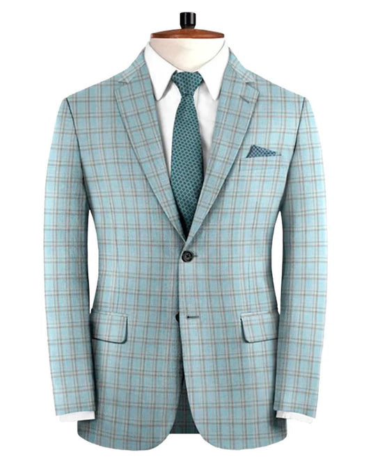 Blue Plaid 2 Piece Notched lapel 2 Button Suit