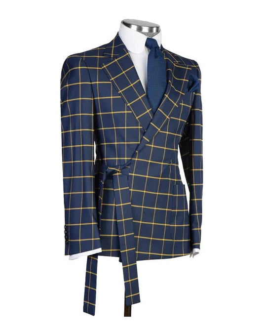 Navy Plaid Notch Lapel 2-piece Suit with Belt