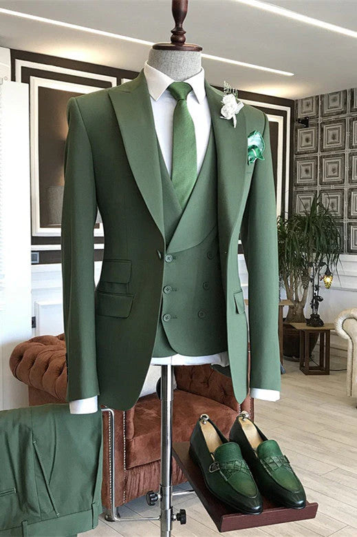 Sage Green 3 Piece Peaked Lapel 1-Button Suit