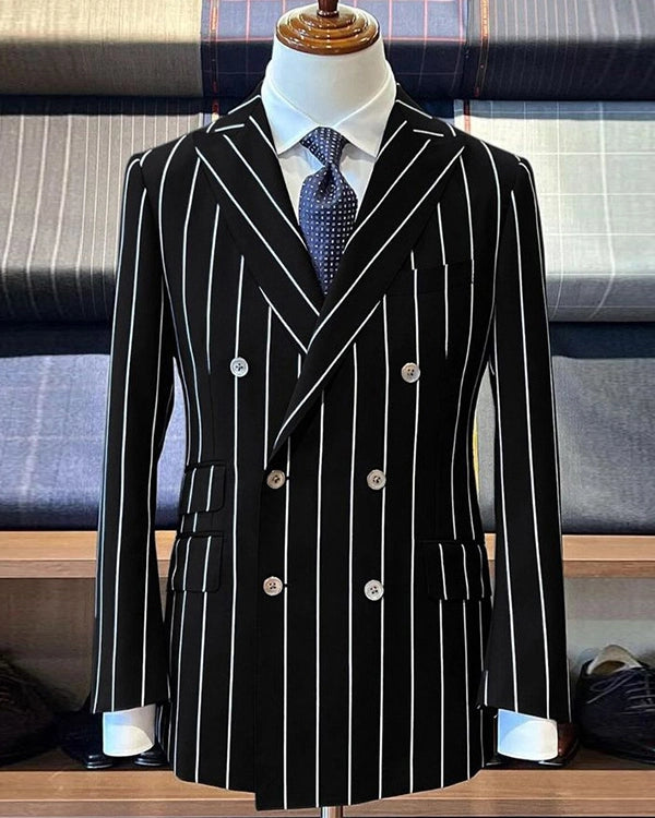 Black striped 2-piece Peak Lapel double-breasted suit