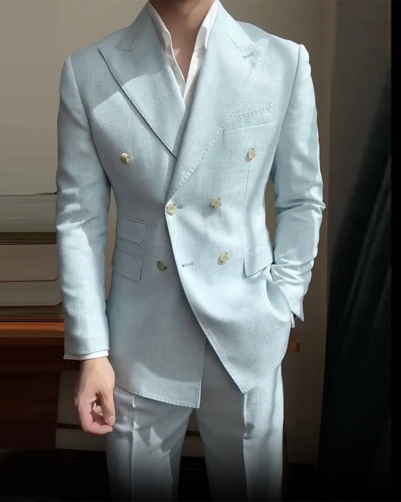 Light Blue 2 Piece Peak Lapel Business Suits with Sash