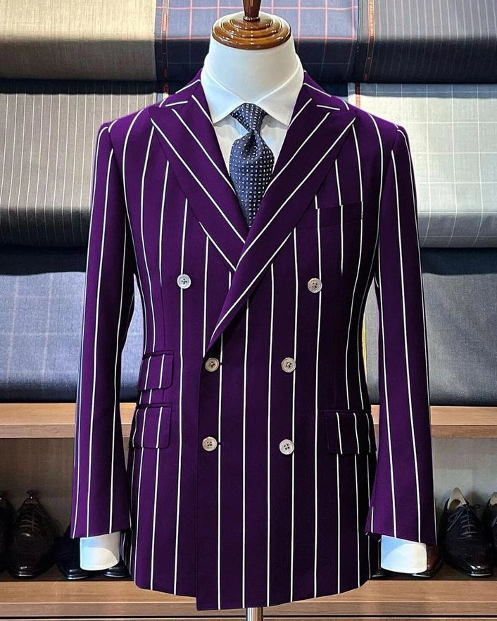 Purple striped 2-piece Peak Lapel double-breasted suit – Goosuit