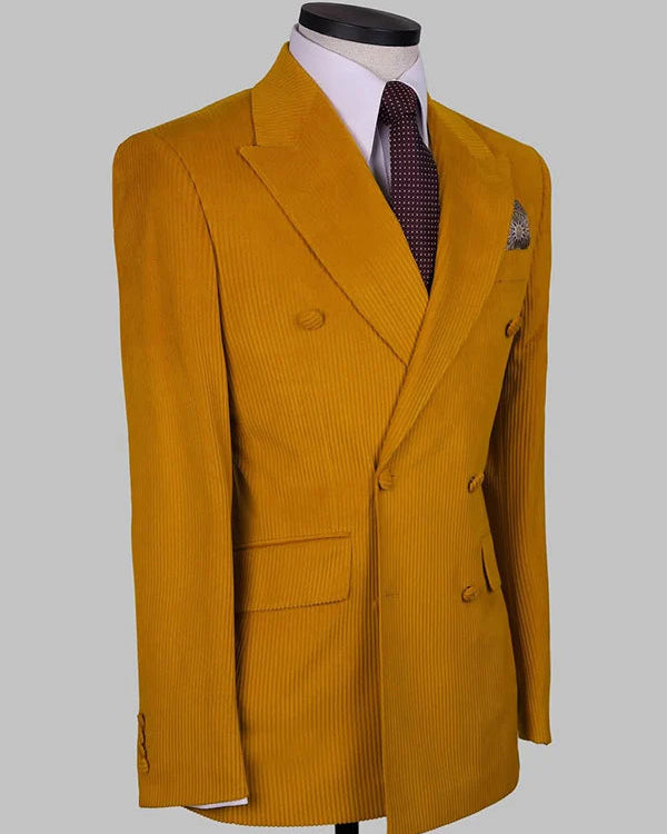 Mustard Yellow Double-Breasted Peak Lapel Corduroy Suit