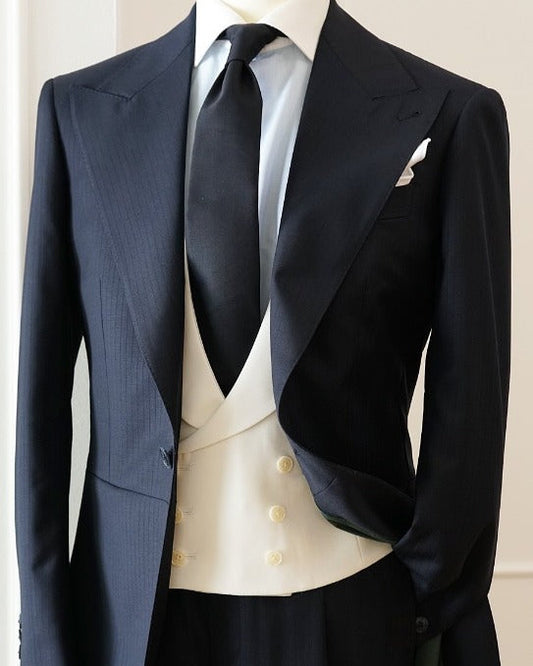 Black One-Button Peak Lapel Longline 3-Piece Tuxedo Suit