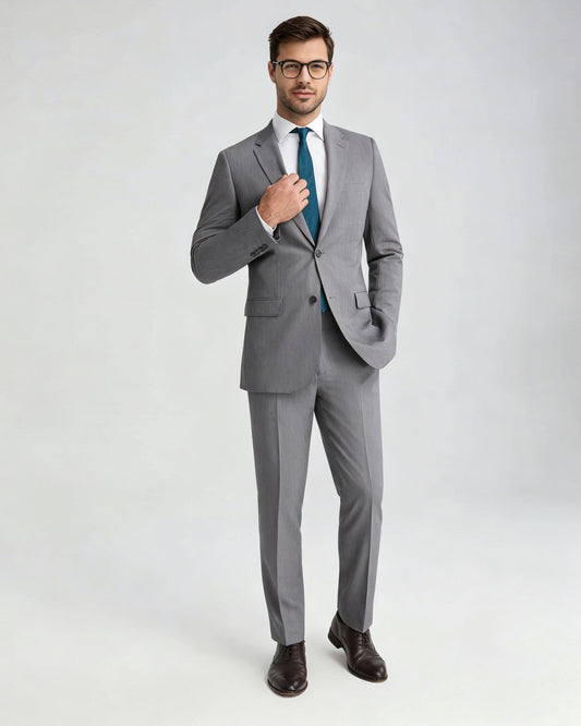 Costume gris 2 pièces à revers pointus et 2 boutons