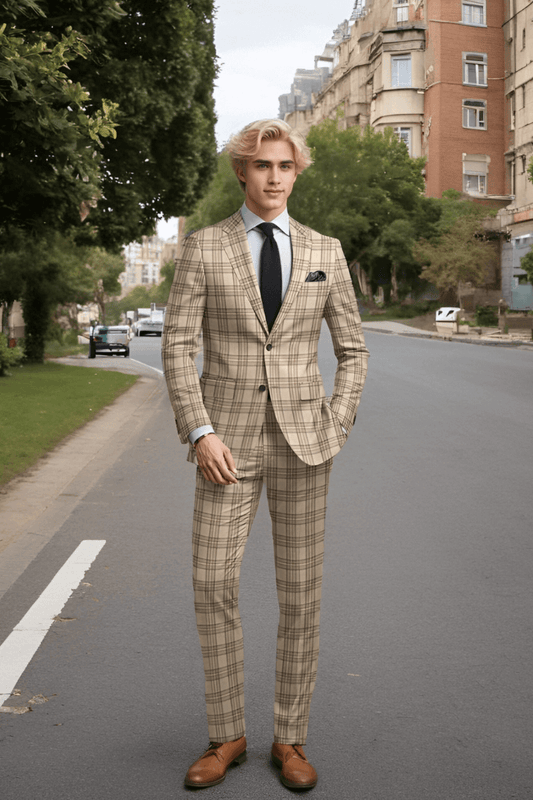 Beige Yellow Plaid 2 Piece Notch Lapel 2-Button Suit