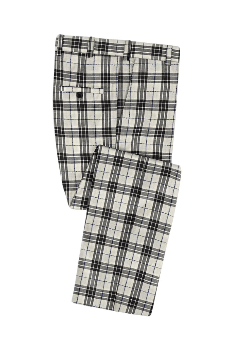 Traje de tres piezas de lana a cuadros en color negro y marfil