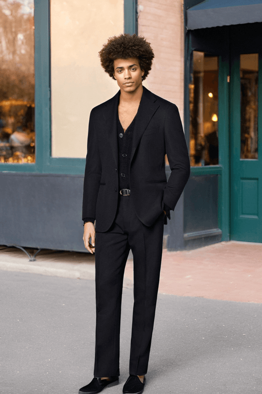 Jet Black 2 Piece Notch Lapel One Button Suit