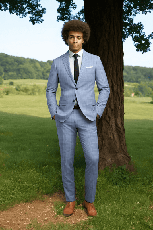 Blue Plaid 2 Piece Notch Lapel 2-Button Suit