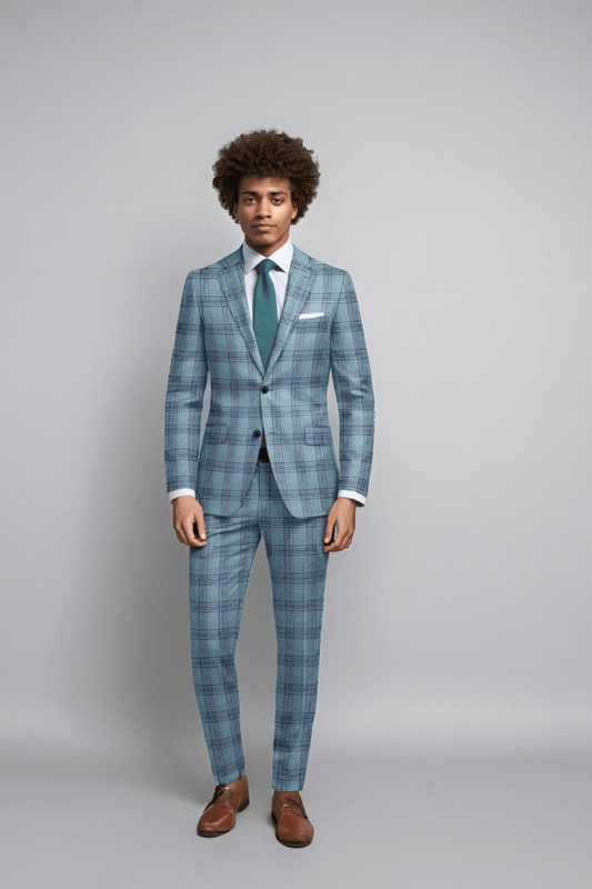 Blue Plaid 2 Piece Notch Lapel 2-Button Suit