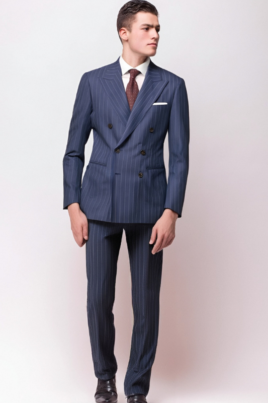 Blue Stripe 2 Piece Peaked Lapel Double Breasted Suit