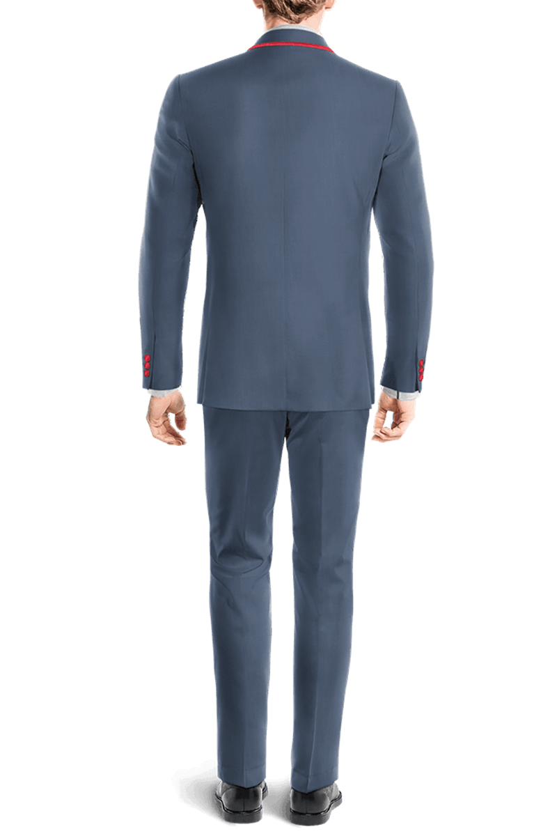 Traje de esmoquin azul con solapa roja