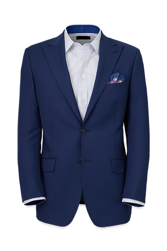 Traje de solapa de pico con botonadura sencilla de lana elástica azul