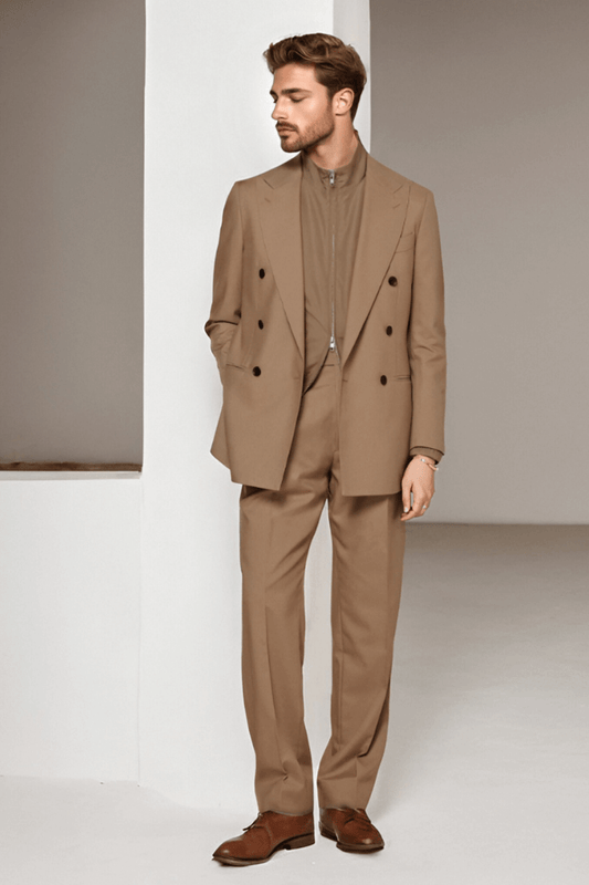 Brown 2 Piece Peaked Lapel Double Breasted Suit
