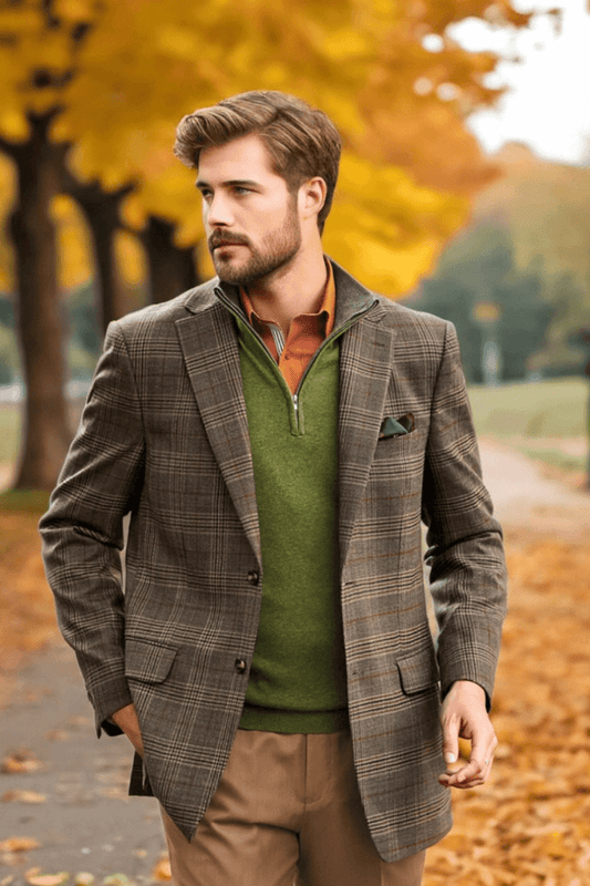 Brown Plaid Notch Lapel 2-Button Jacket