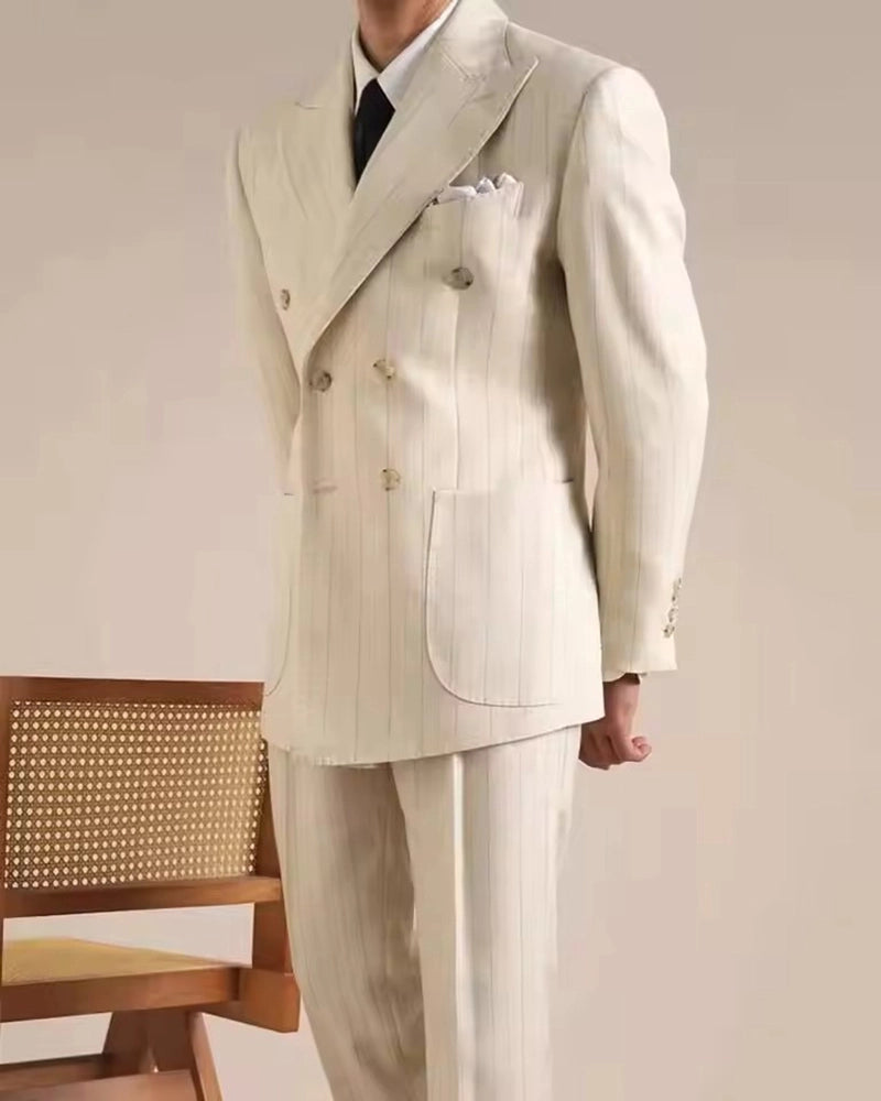 Beige Stripe Peaked Lapel Double-breasted 2-piece Suits