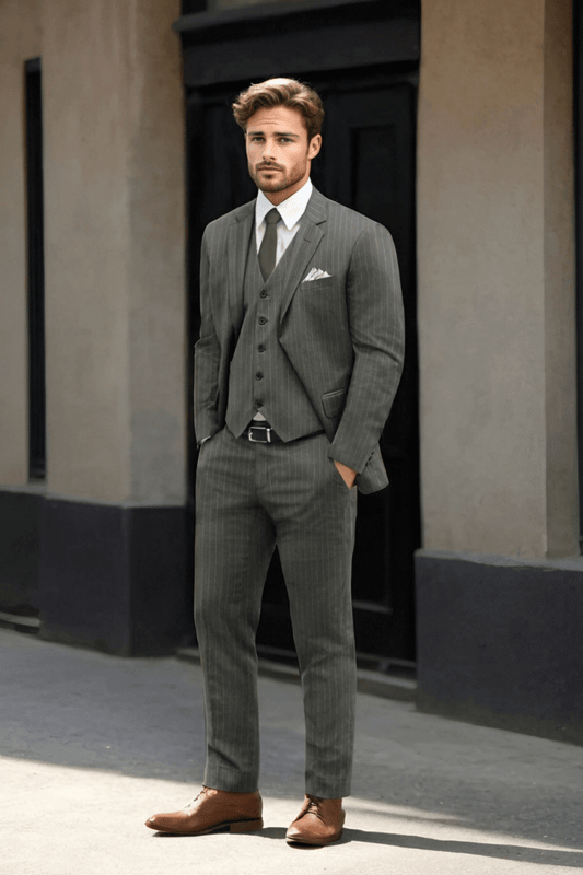 Green Pinstripe 3 Piece Notch Lapel 2-Button Suit