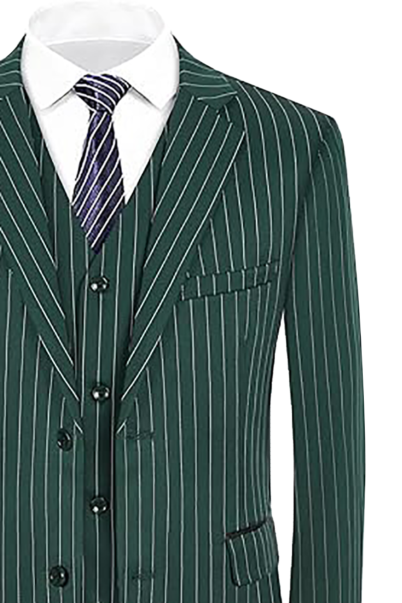 Traje de 3 piezas de 2 botones con raya diplomática y corte entallado de color verde