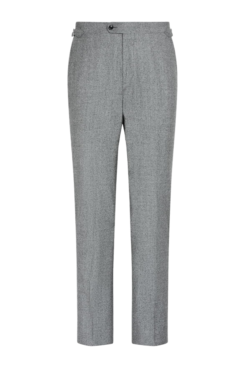 Traje de tres piezas de lana gris con solapa de pico y botonadura sencilla