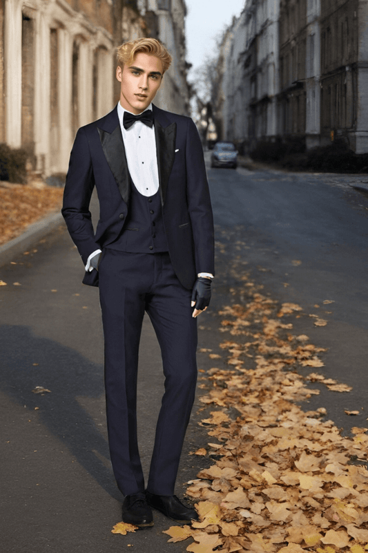 Navy Blue 3 Piece Peaked Lapel One Button Suit