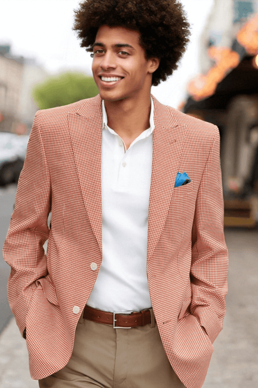 Einreihige Wolljacke mit steigendem Revers in Hahnentrittmuster in Orange und Weiß