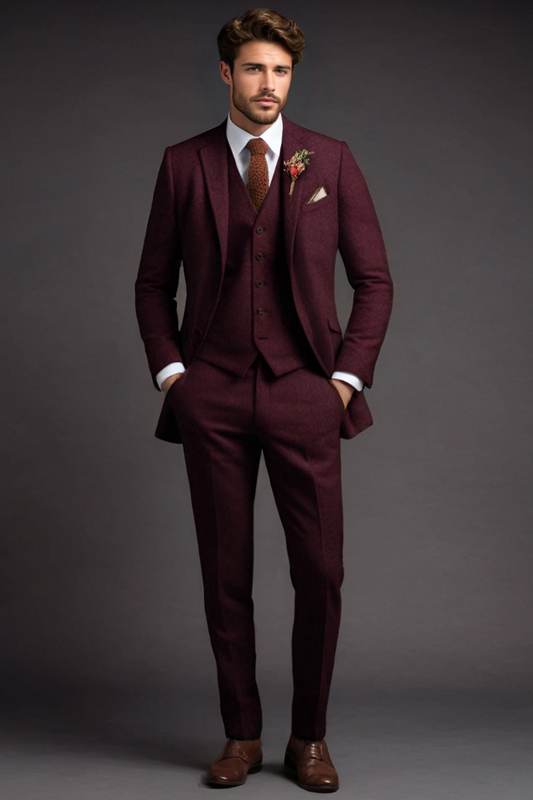 Red 3 Piece Notch Lapel 2-Button Suit