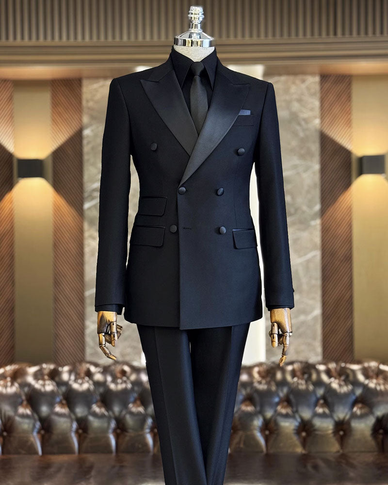 Black Slim 2 Piece Peaked Lapel Double Breasted Suits