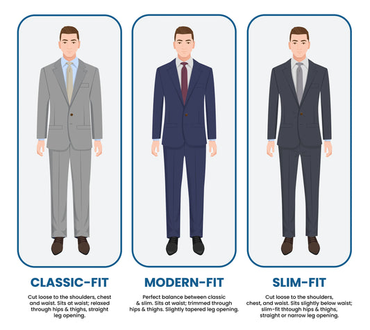 The difference between straight-leg, slim-fit, and wide-leg suit pants