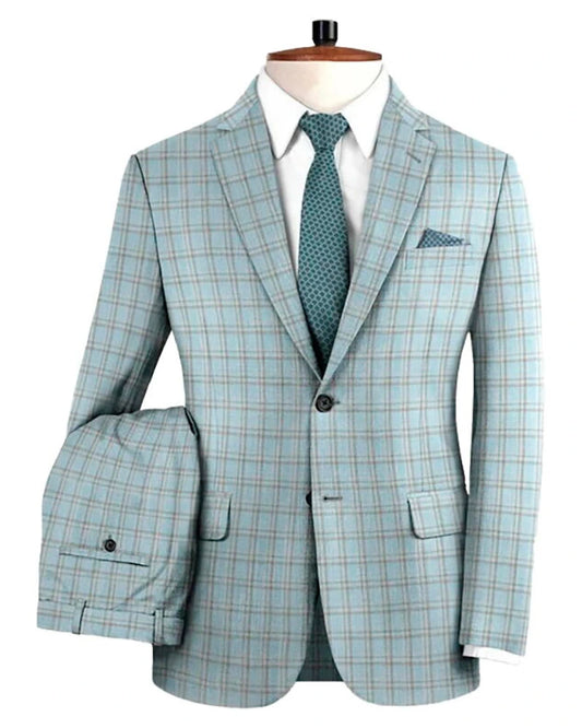 Blue Plaid 2 Piece Notched lapel 2 Button Suit