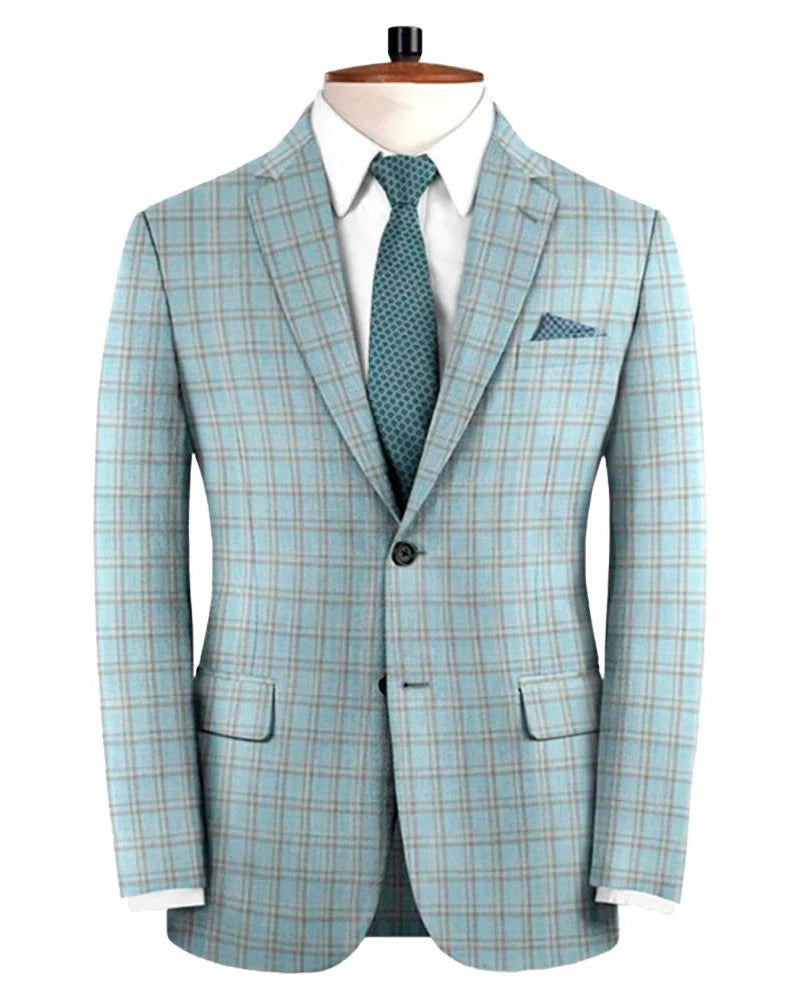 Blue Plaid 2 Piece Notched lapel 2 Button Suit