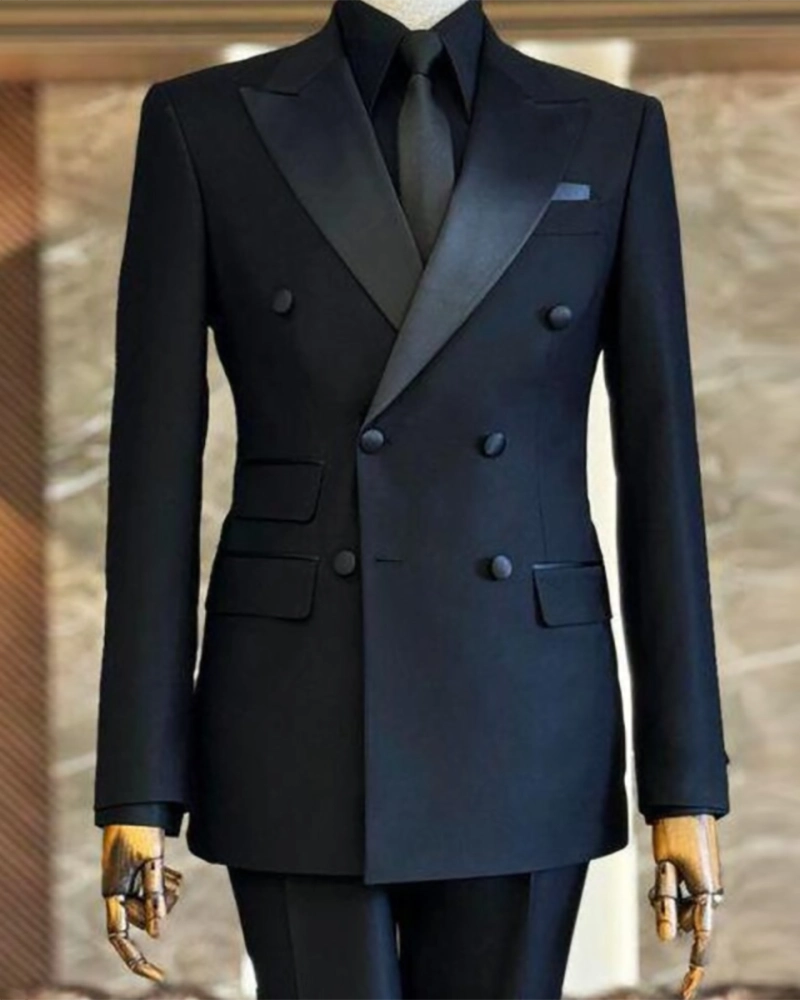 Black Slim 2 Piece Peaked Lapel Double Breasted Suits