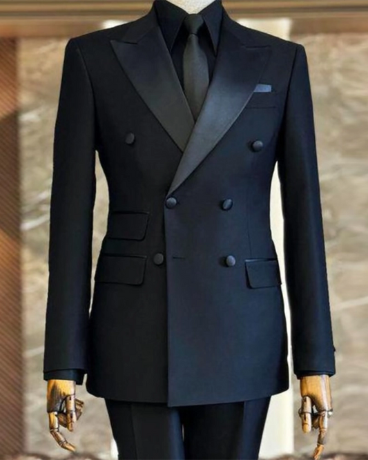 Black Slim 2 Piece Peaked Lapel Double Breasted Suits