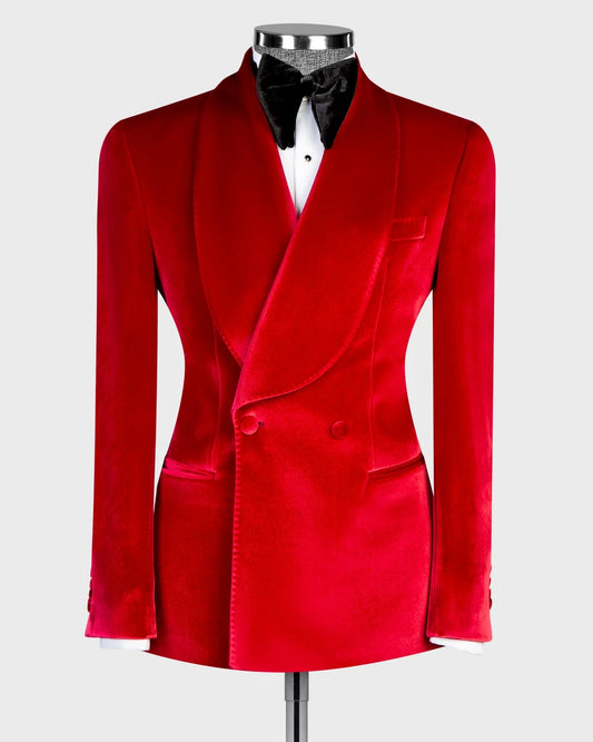 Red Velvet Double-Breasted Shawl Lapel Suit