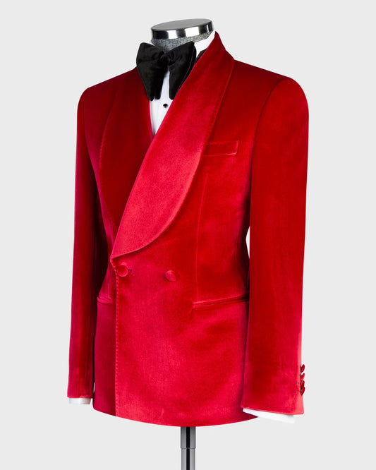 Red Velvet Double-Breasted Shawl Lapel Suit