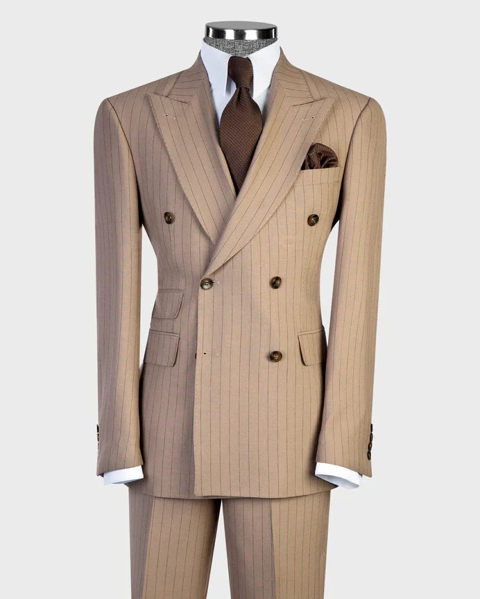 Khaki 2-piece Peak Lapel Double-breasted Outfits