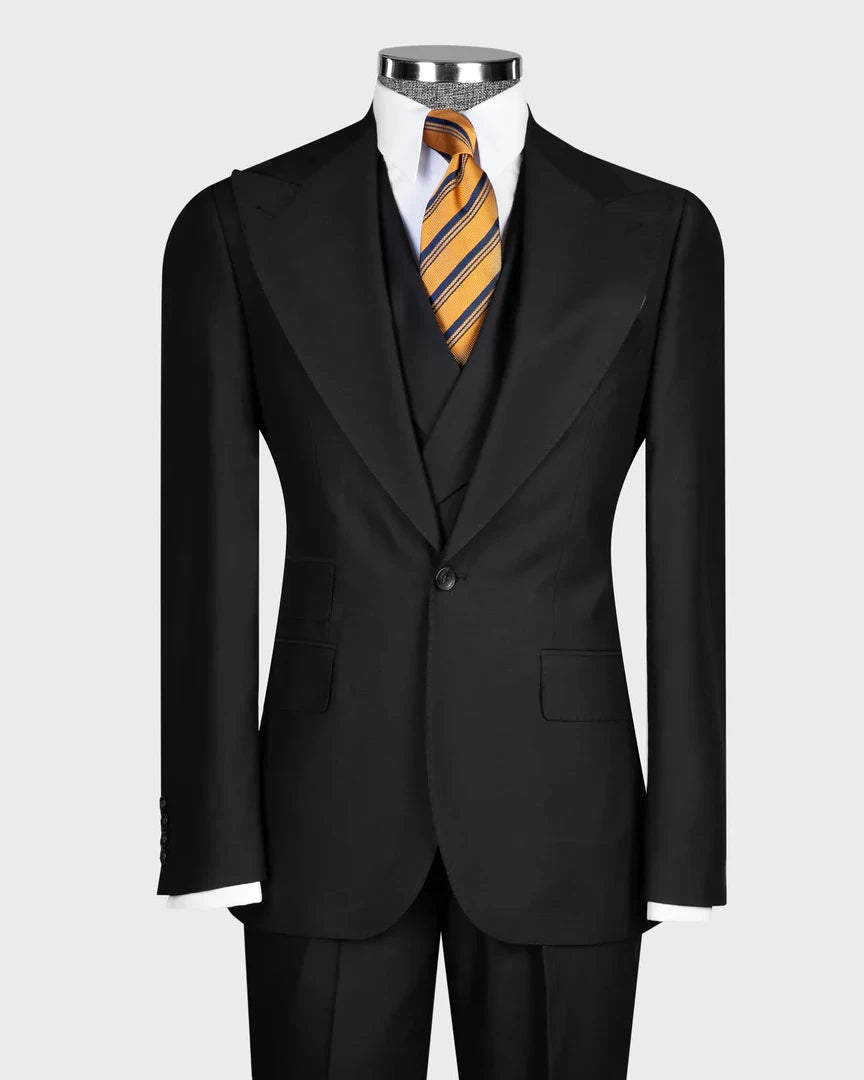 Black Wide Peak Lapel 3-piece Suit