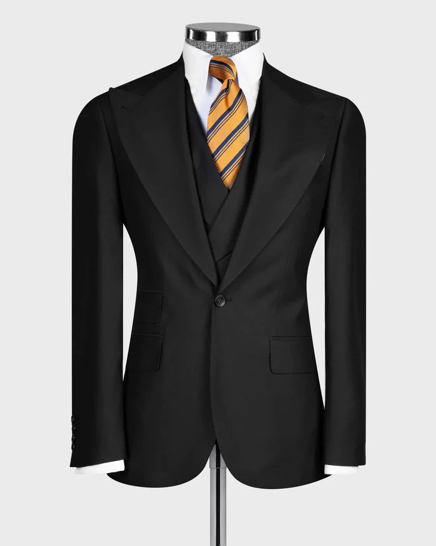Black Wide Peak Lapel 3-piece Suit