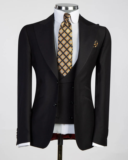Black 3-piece Peak Lapel Single-breasted Suit