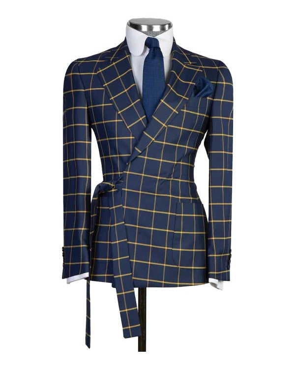 Navy Plaid Notch Lapel  2-piece Suit with Belt