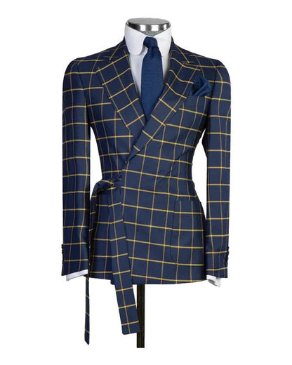 Navy Plaid Notch Lapel  2-piece Suit with Belt