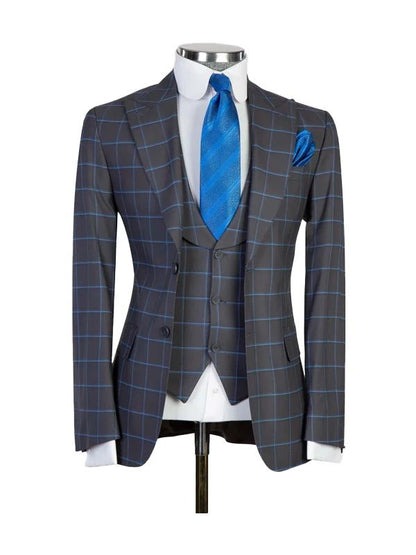 Grey Peaked Lapel Single-breasted 3-piece Plaid Suits
