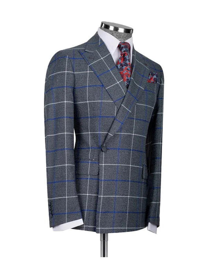 Grey Blue Plaid Peak Lapel 2-piece Suit for Prom