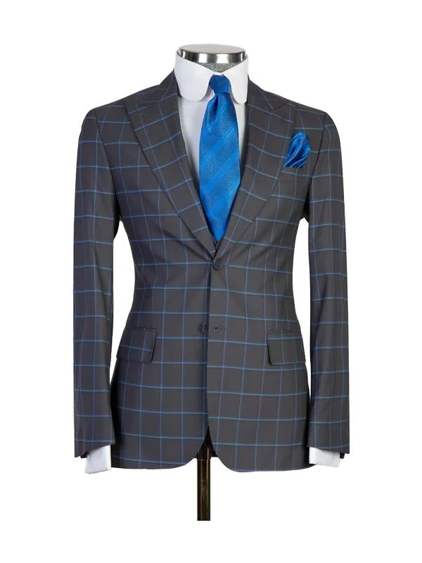 Grey Peaked Lapel Single-breasted 3-piece Plaid Suits