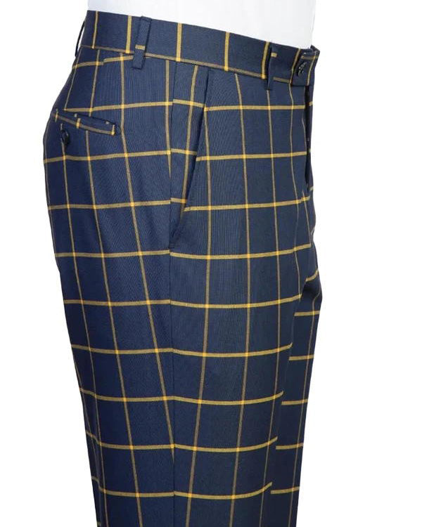 Navy Plaid Notch Lapel  2-piece Suit with Belt