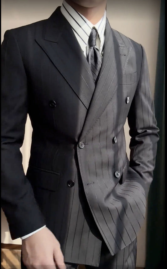 Black Dark Stripe 2 Piece Peaked Lapel Double Breasted Suit