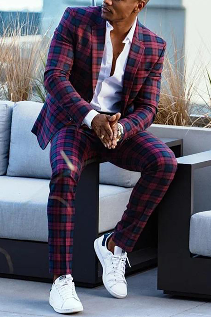 Red Plaid 2 Piece Notch Lapel One Button Suit