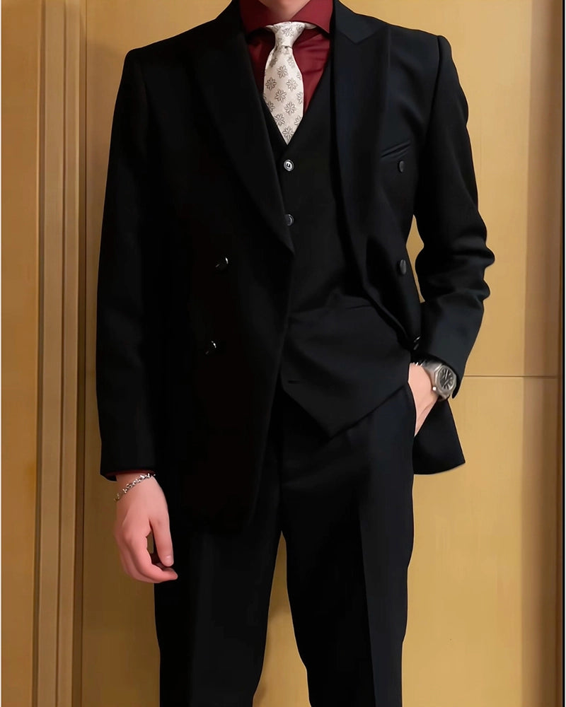 Charcoal Black 3 Piece Peaked Lapel Double Breasted Suit