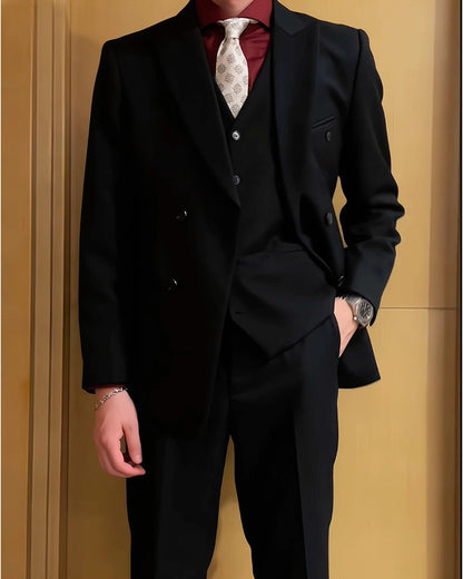 Charcoal Black 3 Piece Peaked Lapel Double Breasted Suit