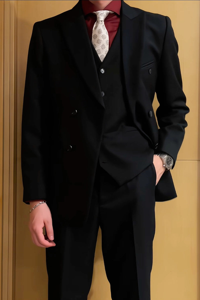 Charcoal Black 3 Piece Peaked Lapel Double Breasted Suit