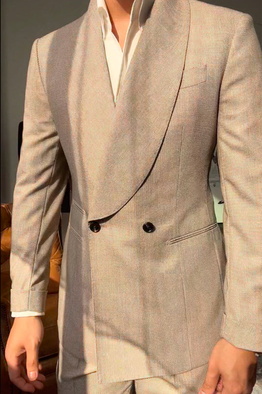 Sand Brown 2 Piece Shawl Lapel Double Breasted Suit